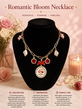 Romantic Bloom Gold Necklace with Red Floral Pendant